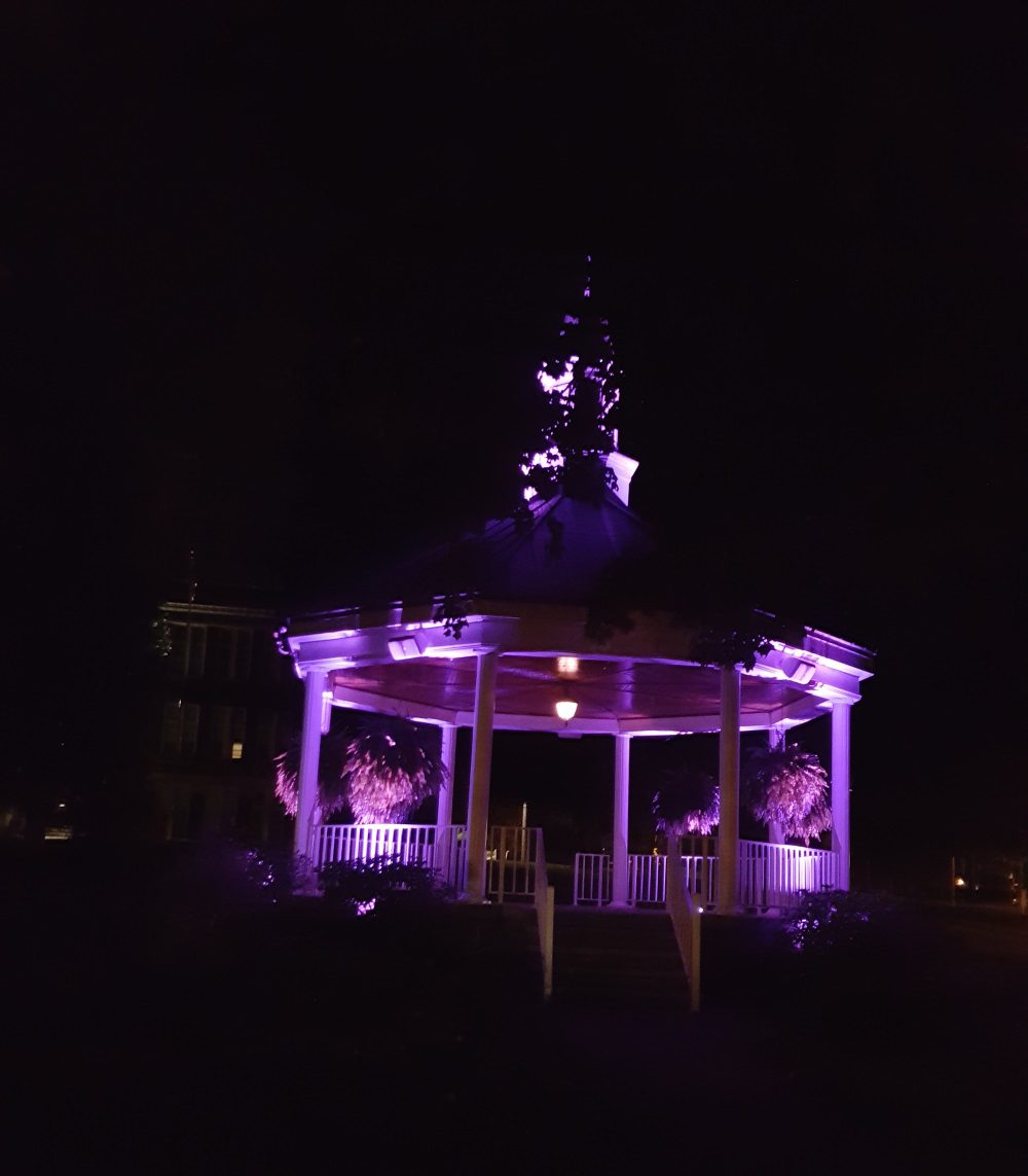 Gazebo in Downtown Willoughby Purple for Domestic Violence Awareness